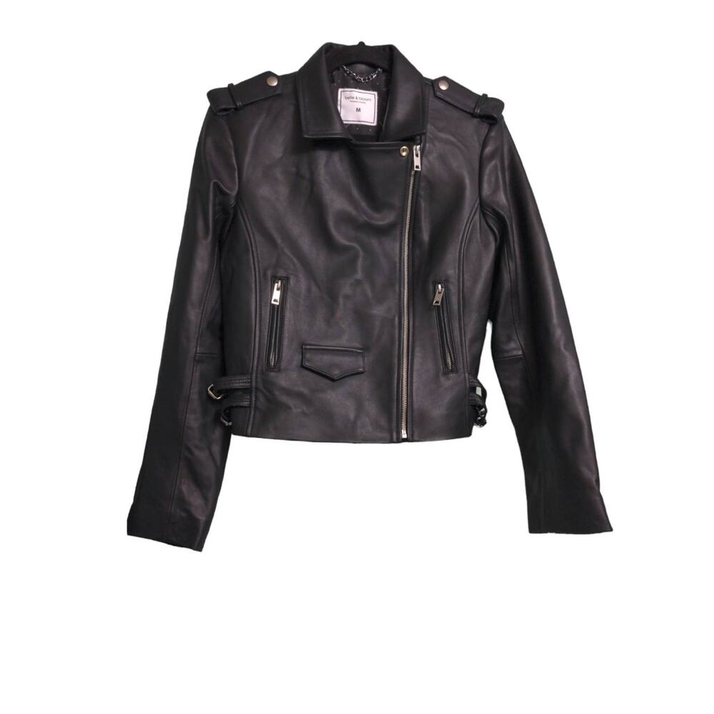 Belle & Bloom Womens Leather Jacket Black Full Zip Epaulets Collar M New